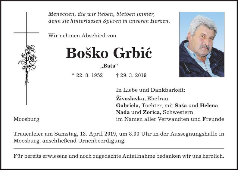 Traueranzeige Bosko Grbic