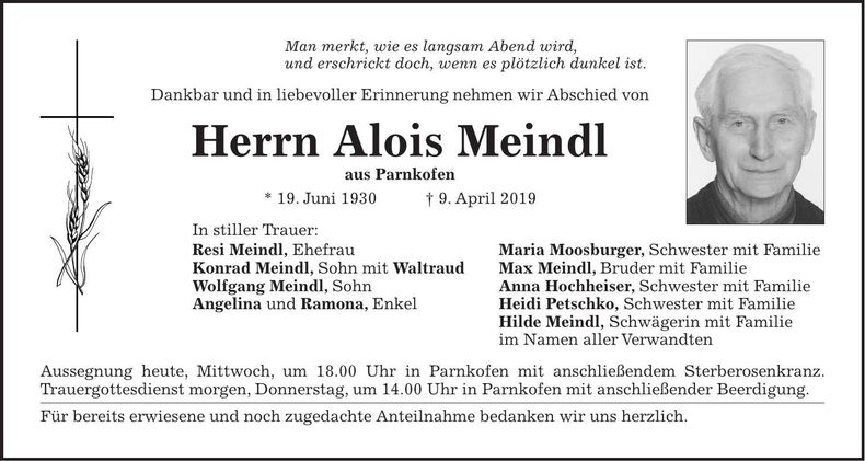 Traueranzeige Alois Meindl