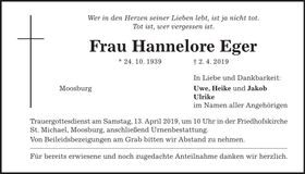 Traueranzeige Hannelore Eger