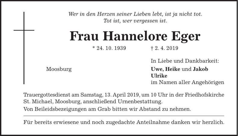 Traueranzeige Hannelore Eger