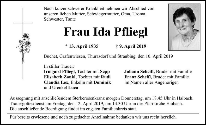 Traueranzeige Ida Pfliegl