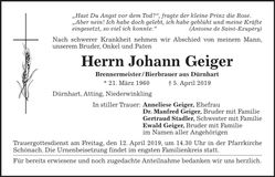 Traueranzeige Johann Geiger