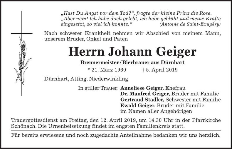 Traueranzeige Johann Geiger