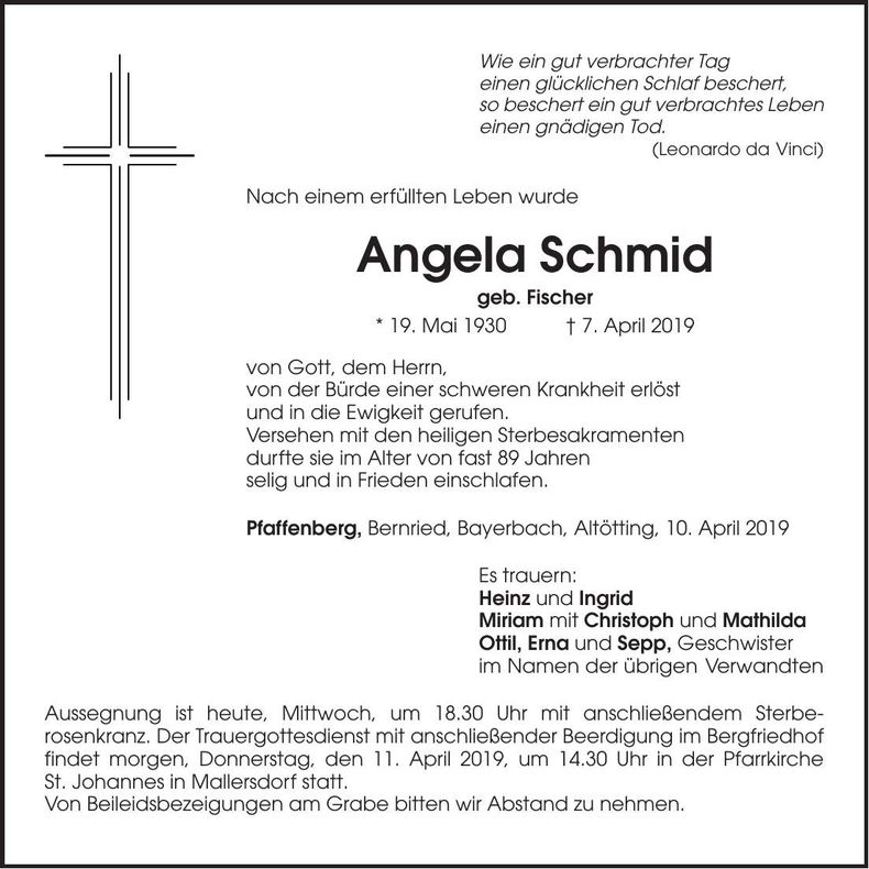 Traueranzeige Angela Schmid