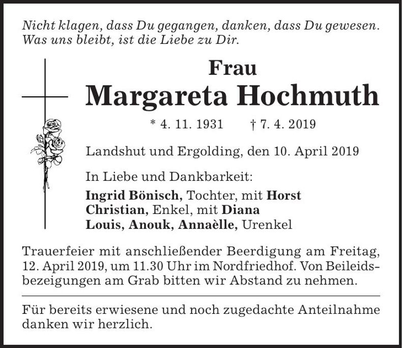 Traueranzeige Margareta Hochmuth
