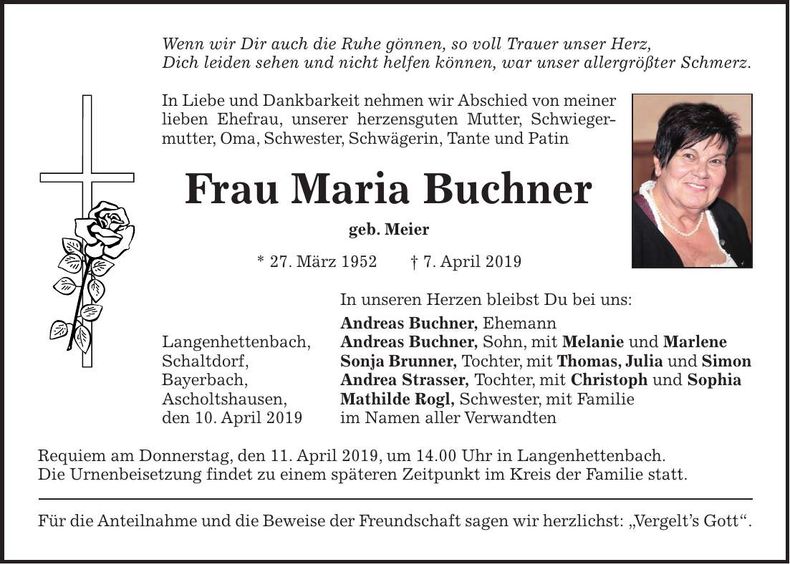 Traueranzeige Maria Buchner