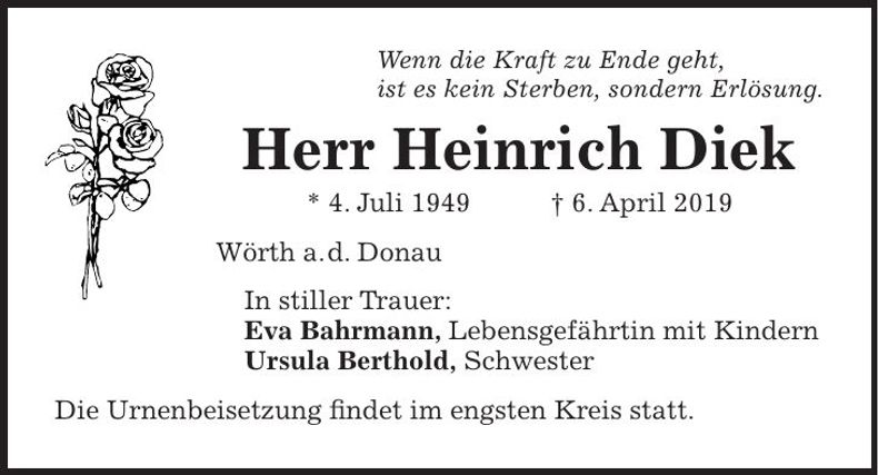 Traueranzeige Heinrich Diek