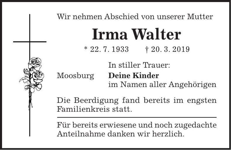 Traueranzeige Irma Walter