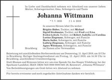 Traueranzeige Johanna Wittmann