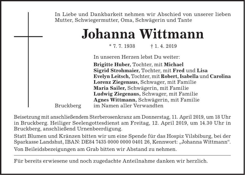 Traueranzeige Johanna Wittmann