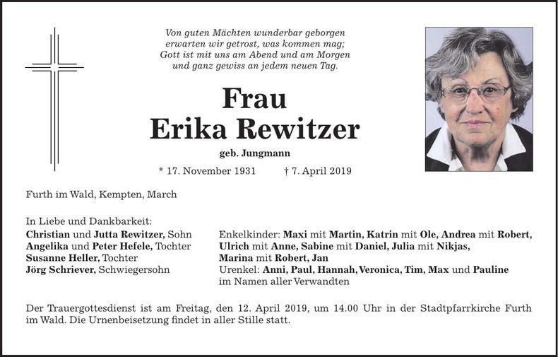 Traueranzeige Erika Rewitzer