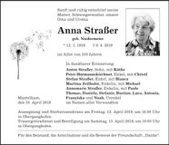 Traueranzeige Anna Straßer