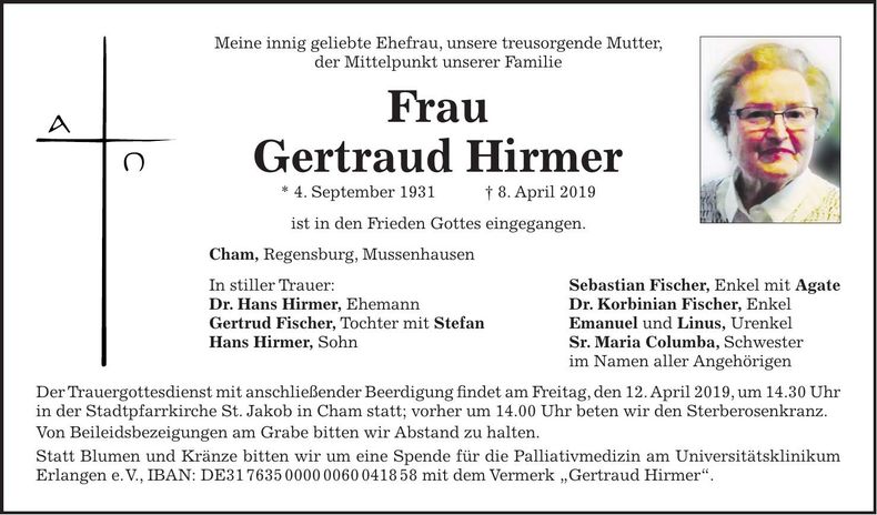 Traueranzeige Gertraud Hirmer