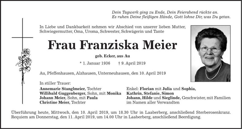 Traueranzeige Franziska Meier