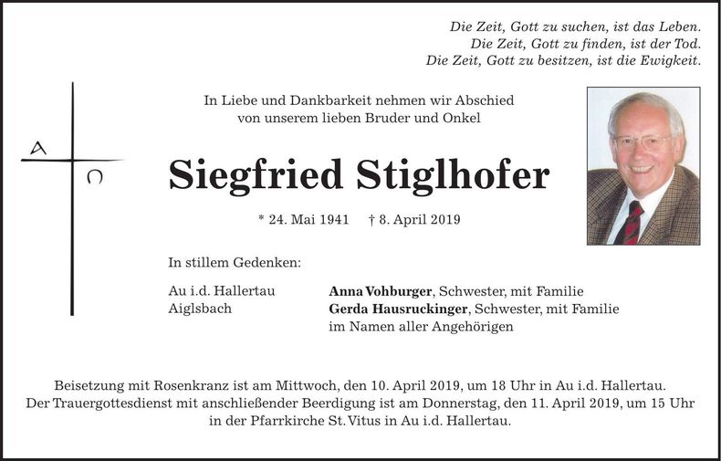 Traueranzeige Siegfried Stiglhofer