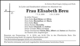 Traueranzeige Elisabeth Breu