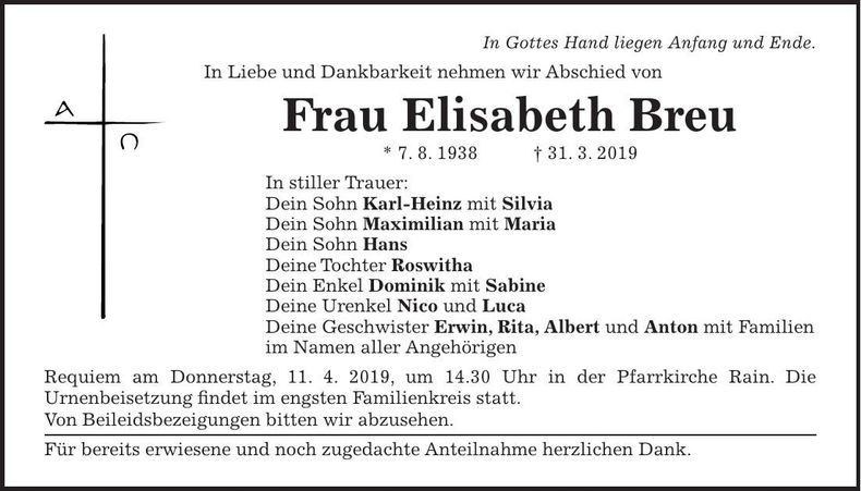 Traueranzeige Elisabeth Breu