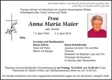 Traueranzeige Anna Maria Maier