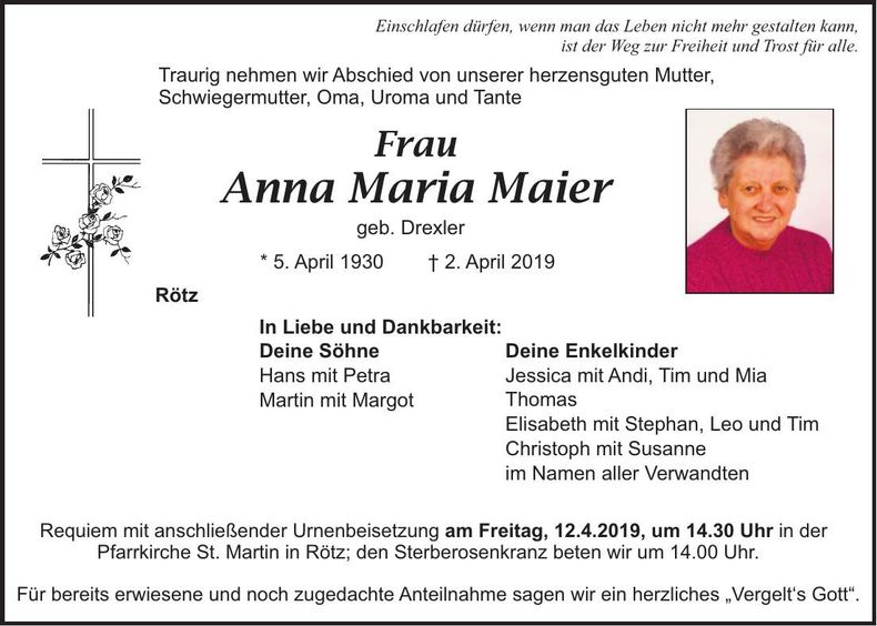 Traueranzeige Anna Maria Maier