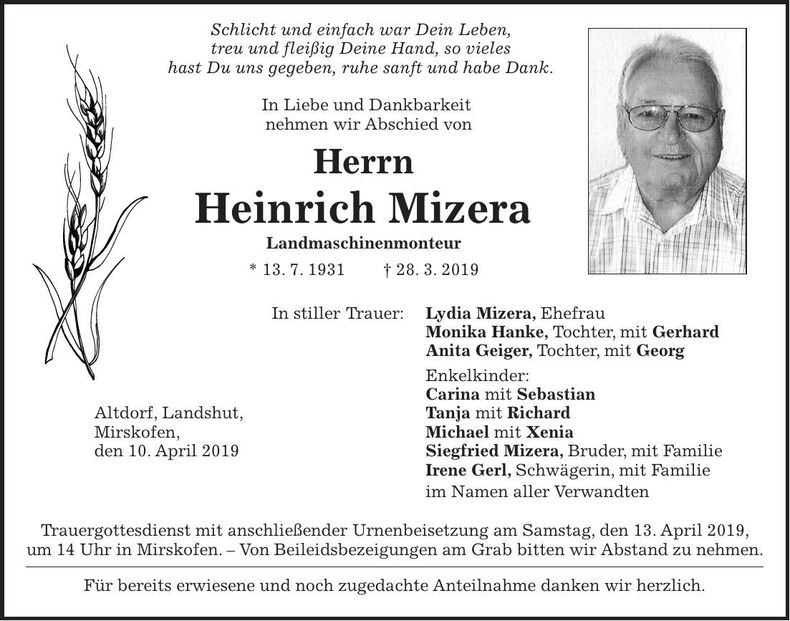 Traueranzeige Heinrich Mizera