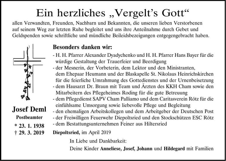 Traueranzeige Josef Deml