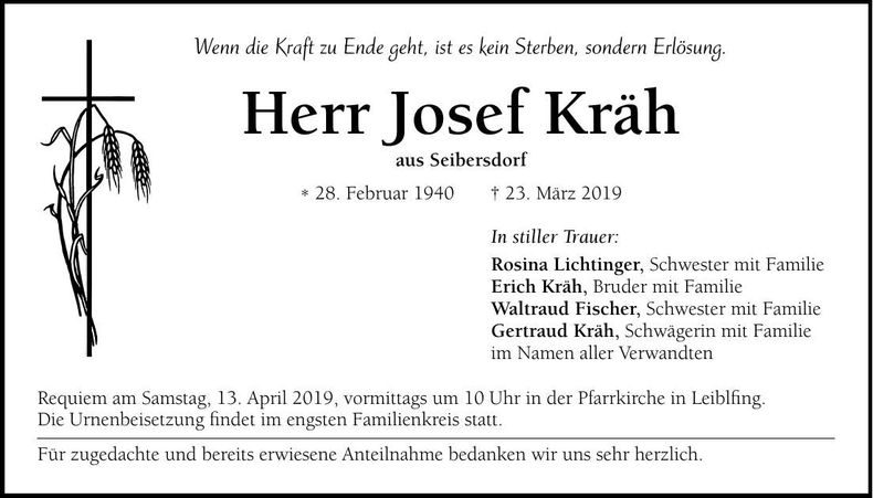 Traueranzeige Josef Kräh