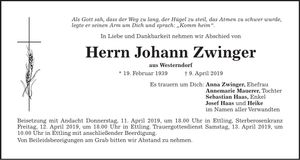 Traueranzeige Johann Zwinger