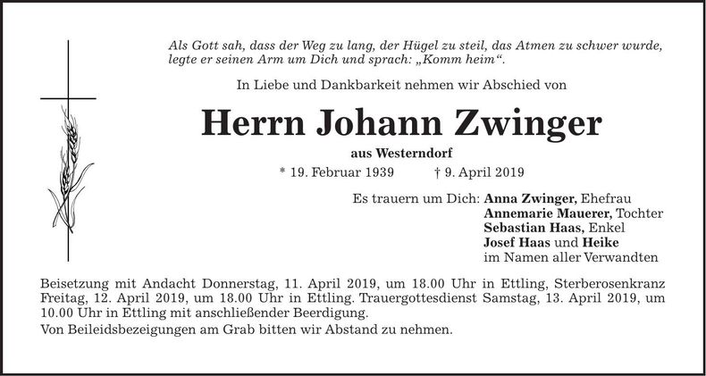 Traueranzeige Johann Zwinger