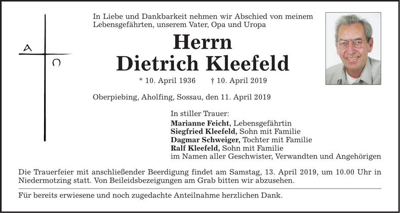 Traueranzeige Dietrich Kleefeld