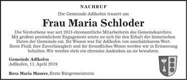 Traueranzeige Maria Schloder