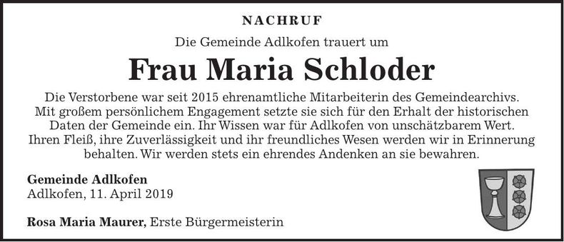 Traueranzeige Maria Schloder