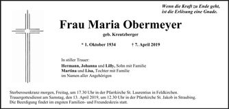 Traueranzeige Obermeyer Maria