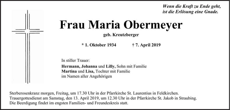 Traueranzeige Obermeyer Maria