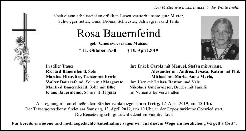 Traueranzeige Rosa Bauernfeind