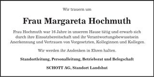 Traueranzeige Margareta Hochmuth