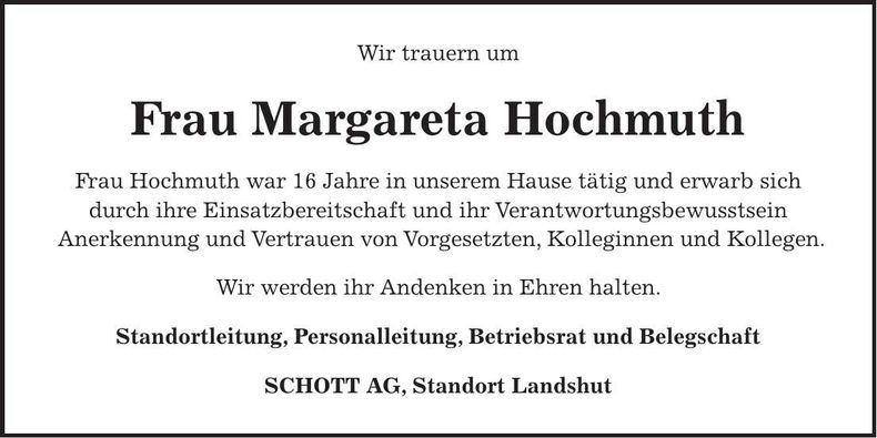 Traueranzeige Margareta Hochmuth