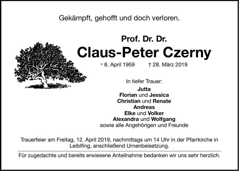Traueranzeige Claus-Peter Czerny