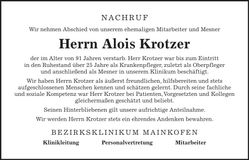 Traueranzeige Alois Krotzer