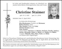 Traueranzeige Christine Staimer