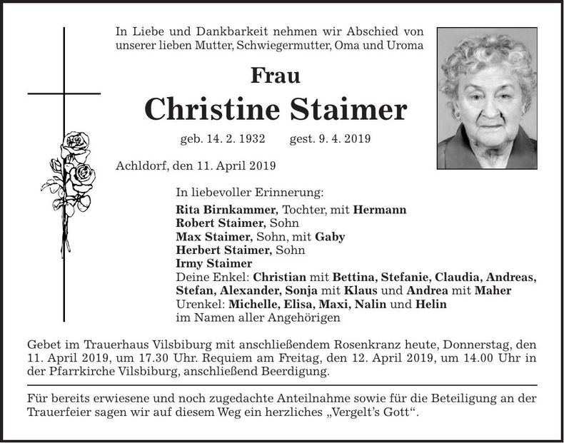 Traueranzeige Christine Staimer