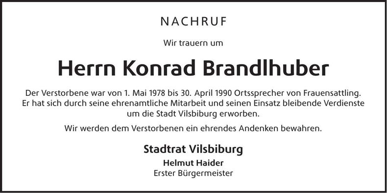 Traueranzeige Konrad Brandlhuber