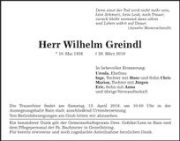 Traueranzeige Wilhelm Greindl