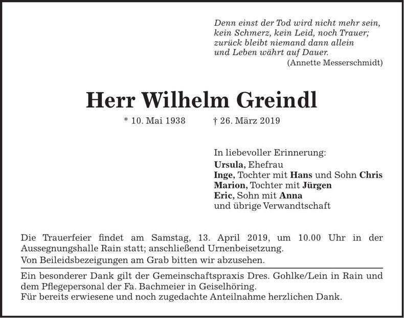 Traueranzeige Wilhelm Greindl