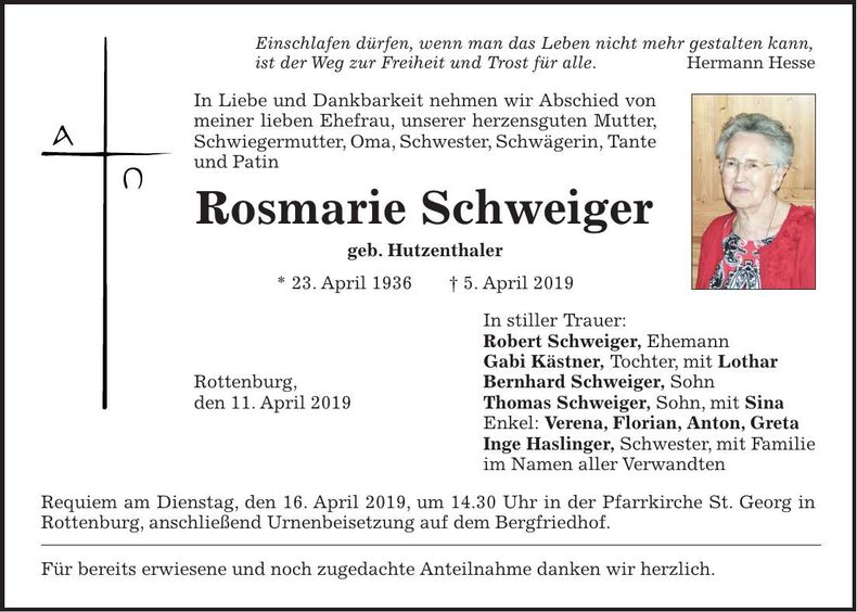 Traueranzeige Rosmarie Schweiger