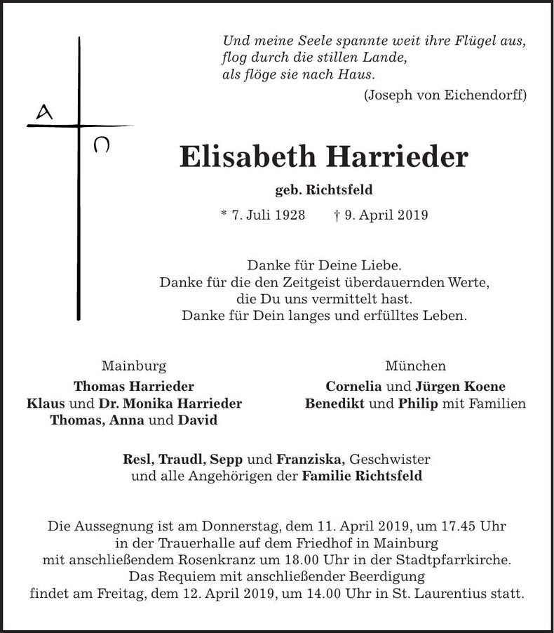 Traueranzeige Elisabeth Harrieder