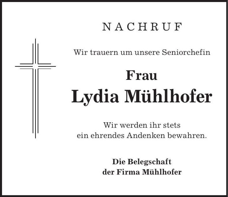 Traueranzeige Lydia Mühlhofer