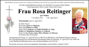Traueranzeige Rosa Reitinger