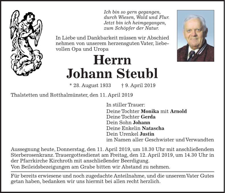 Traueranzeige Johann Steubl