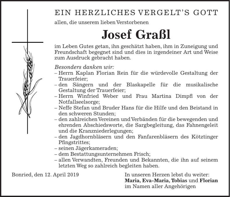 Traueranzeige Josef Graßl