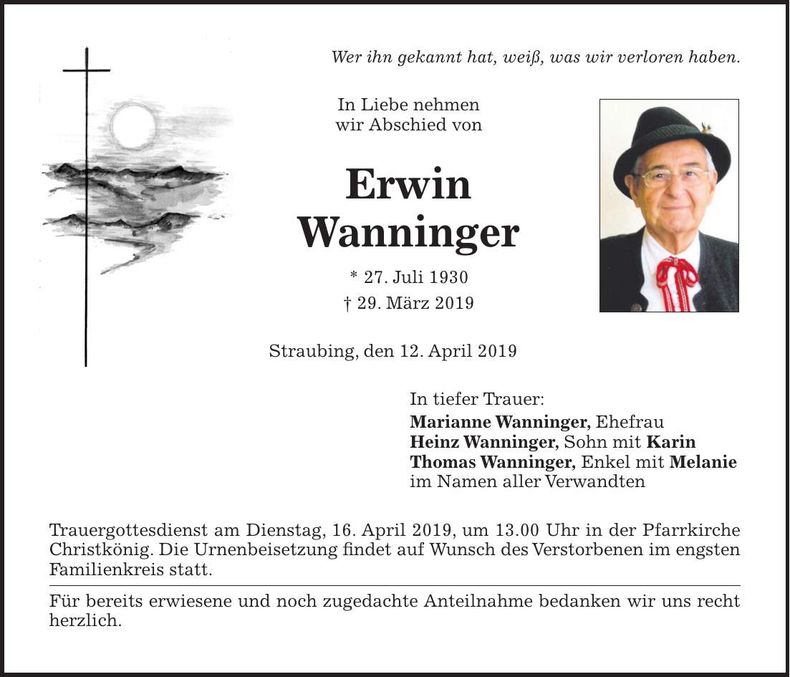Traueranzeige Erwin Wanninger